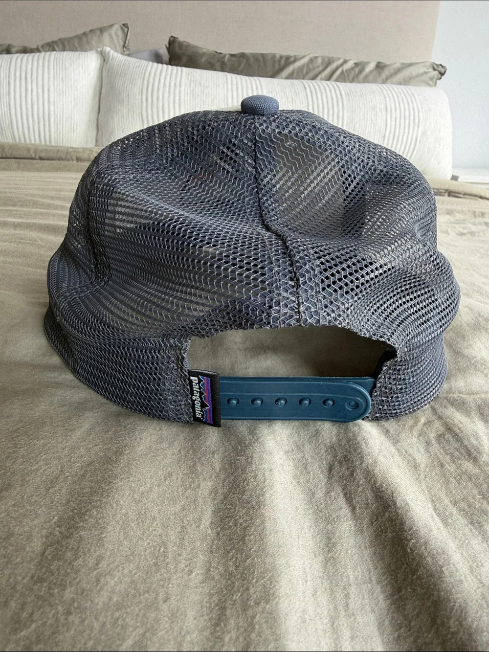Patagonia Kids Trucker Hat in White and Blue with Mountain Logo